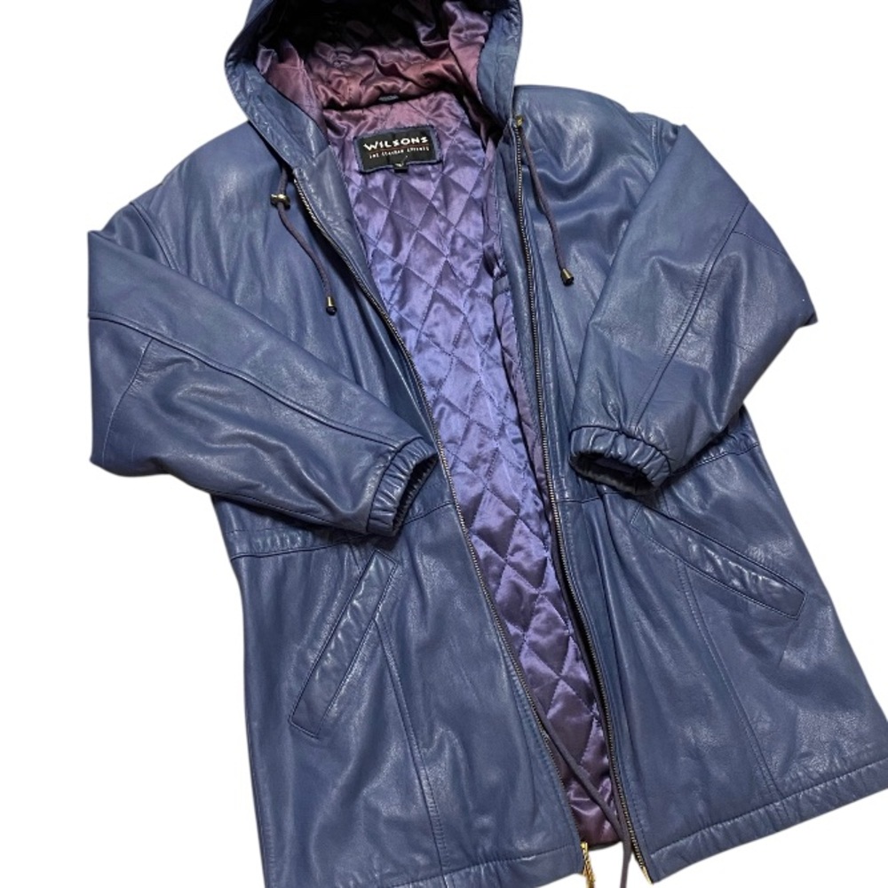 Vintage Wilsons Leather Blue Hooded Quilted-Lined Leather Jacket